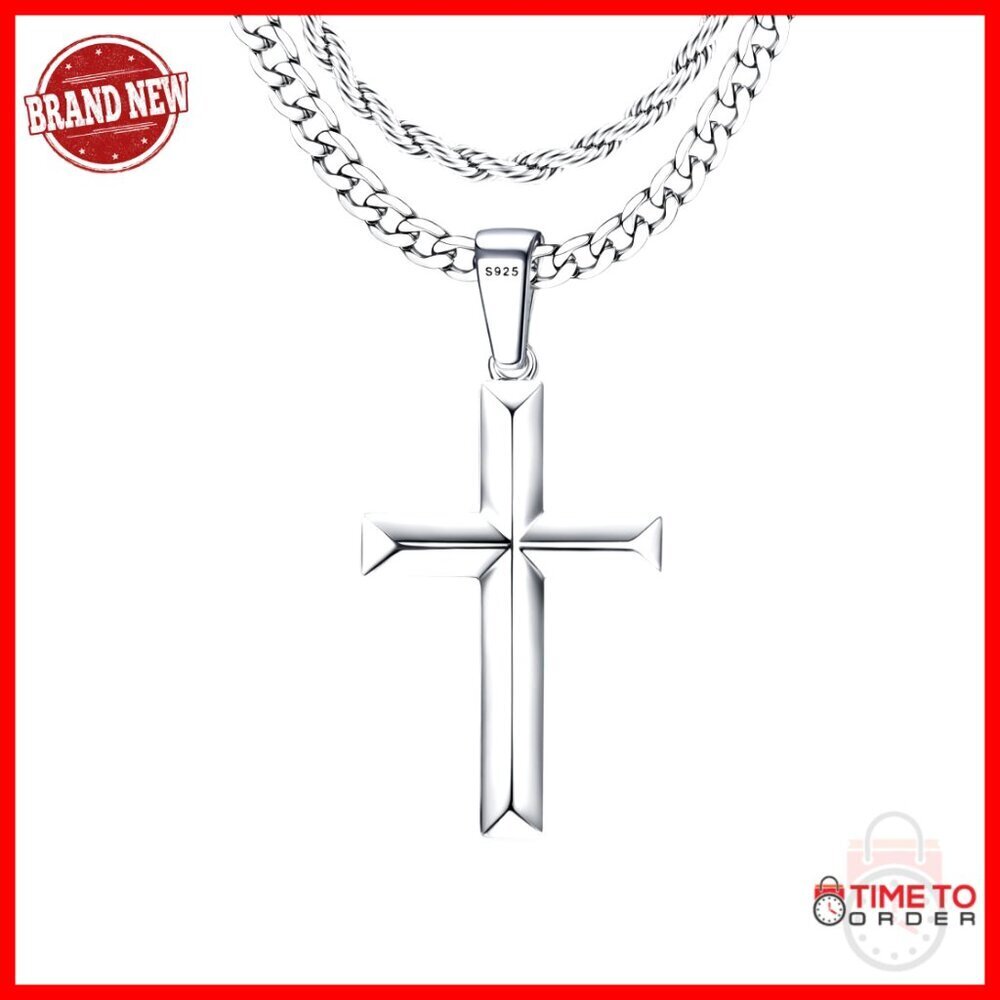 Sterling Silver Cross Necklace Men's Layered Chain 16-30 Inches
